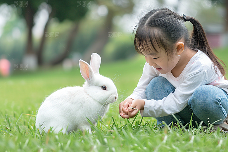 儿童和兔子宠物清新摄影图