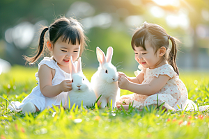 儿童和兔子孩子宠物摄影图