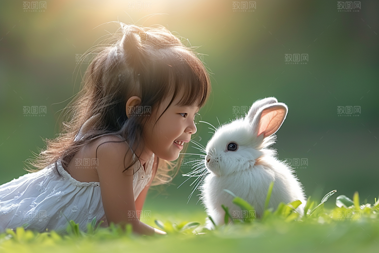 儿童和兔子爱心生活摄影图