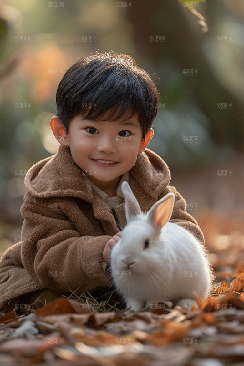 儿童和兔子清新童趣摄影图