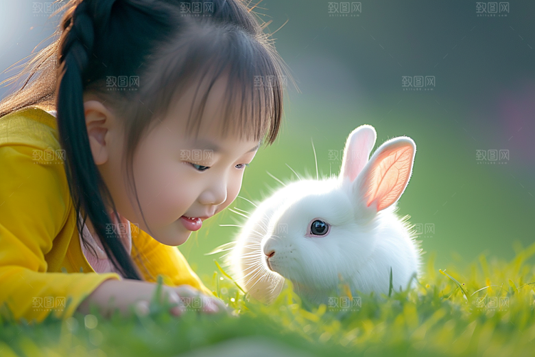 儿童和兔子高清生活摄影图