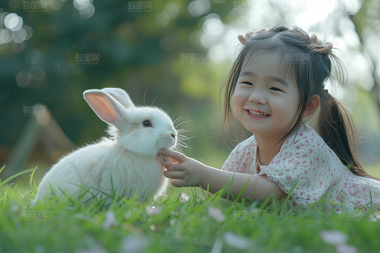 儿童和兔子自然生活摄影图