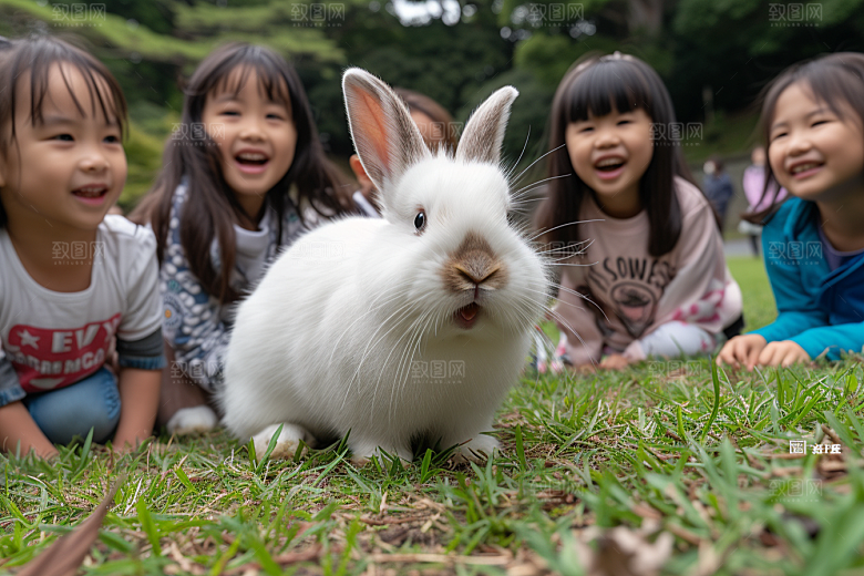 儿童和兔子清新生活摄影图