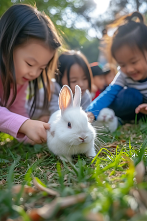 儿童和兔子自然可爱摄影图