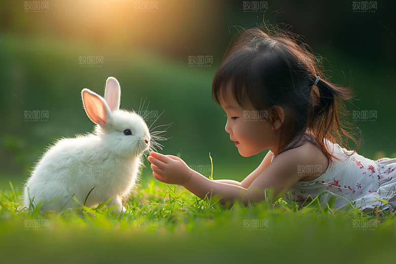 儿童和兔子孩子生活摄影图