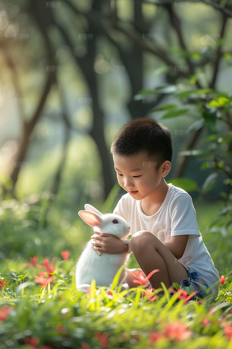 儿童和兔子高清生活摄影图
