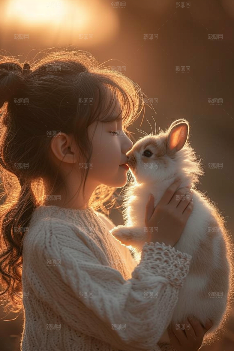 儿童和兔子生活自然摄影图