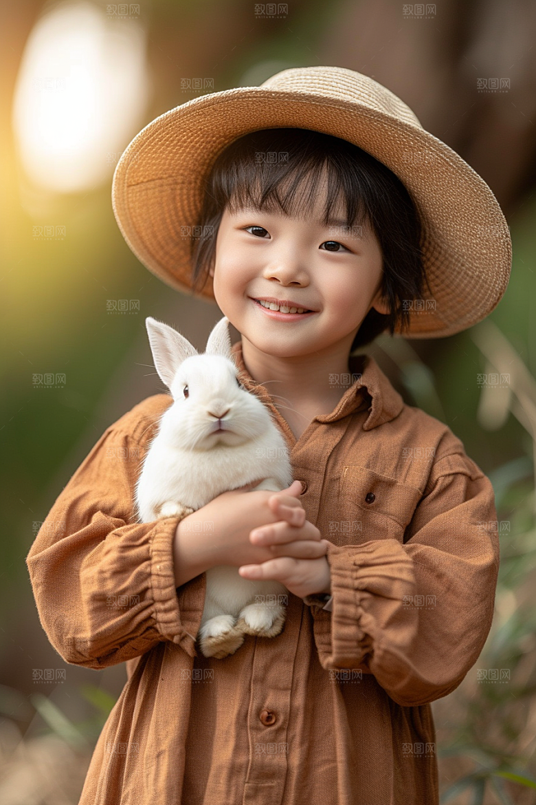 儿童和兔子生活孩子摄影图