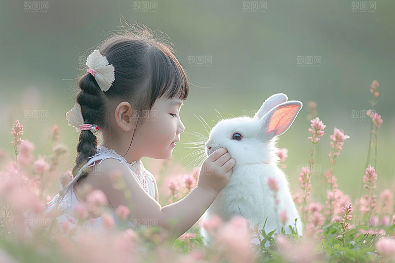 儿童和兔子童趣自然摄影图