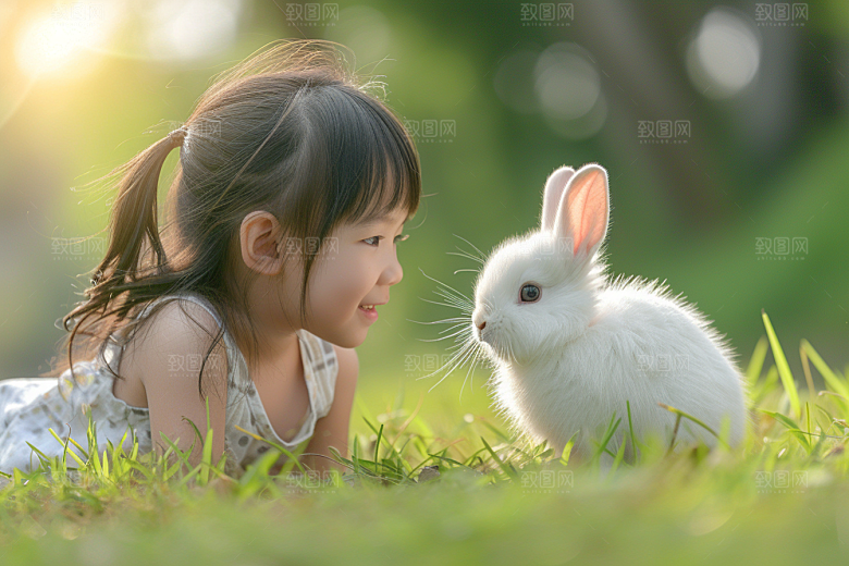 儿童和兔子高清可爱摄影图