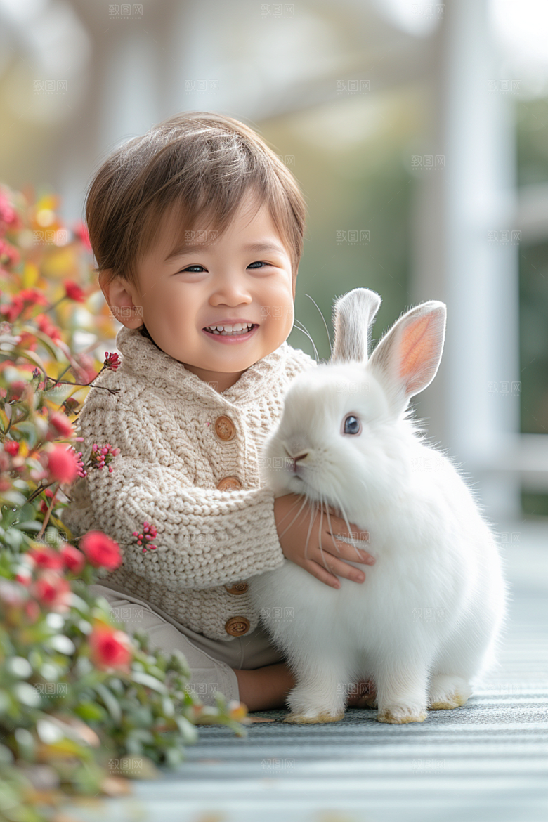儿童和兔子生活爱心摄影图