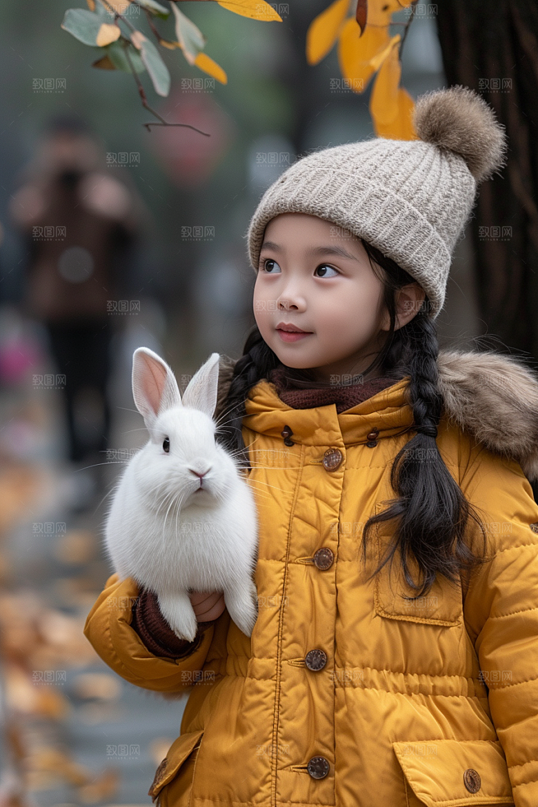 儿童和兔子可爱宠物摄影图