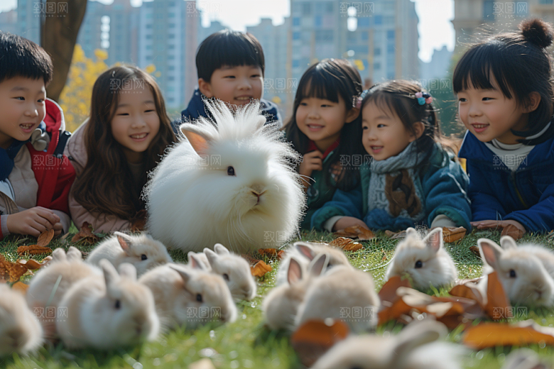 儿童和兔子生活孩子摄影图