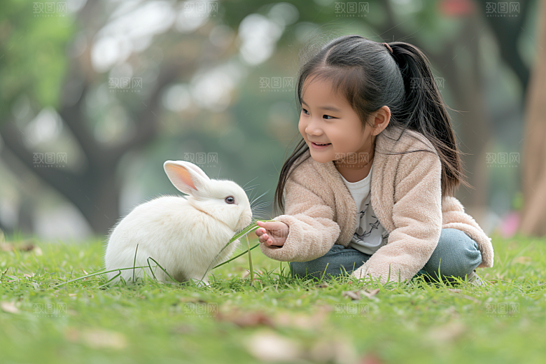 儿童和兔子孩子生活摄影图