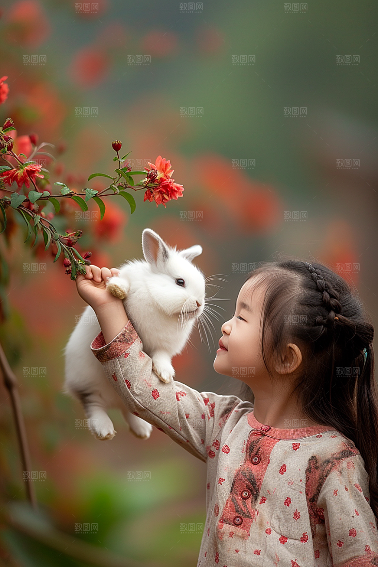 儿童和兔子宠物生活摄影图
