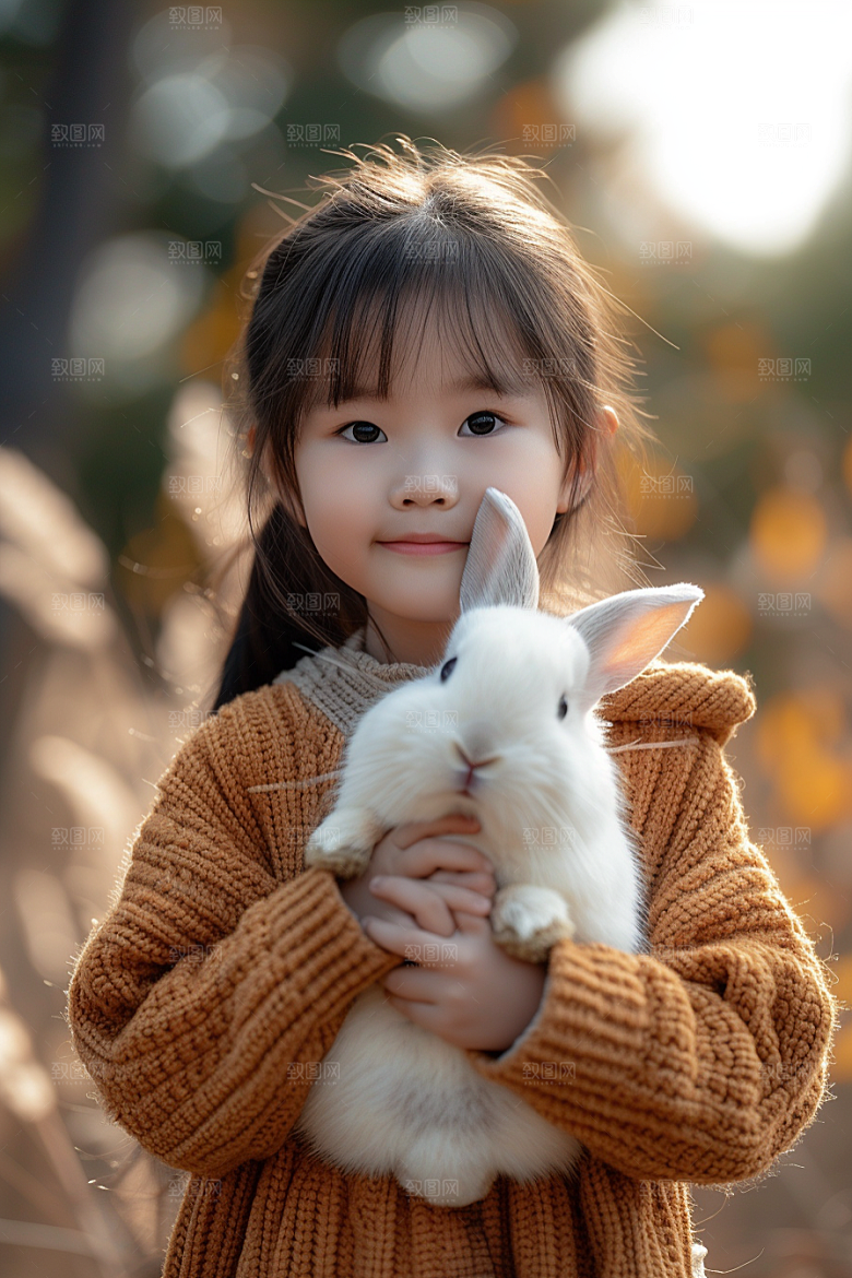 儿童和兔子孩子童趣摄影图