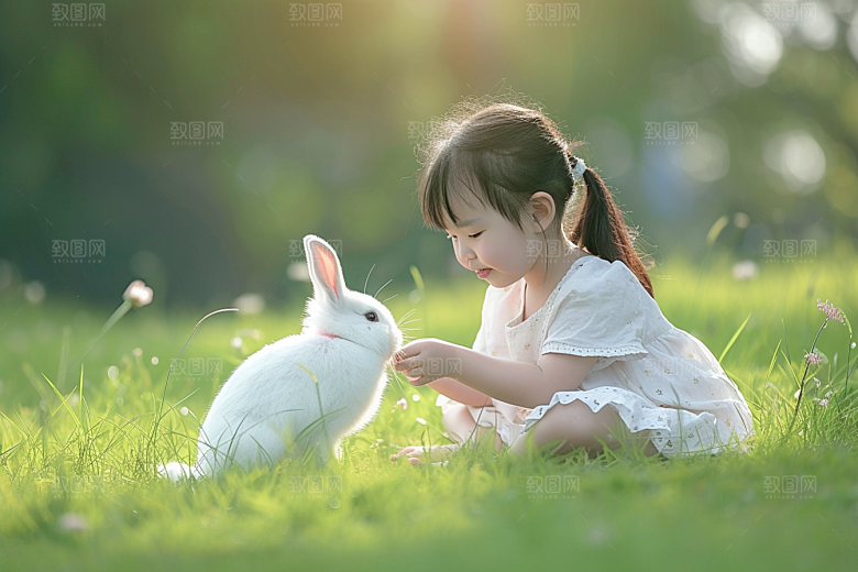 儿童和兔子自然生活摄影图
