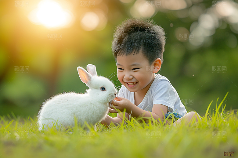 儿童和兔子生活宠物摄影图