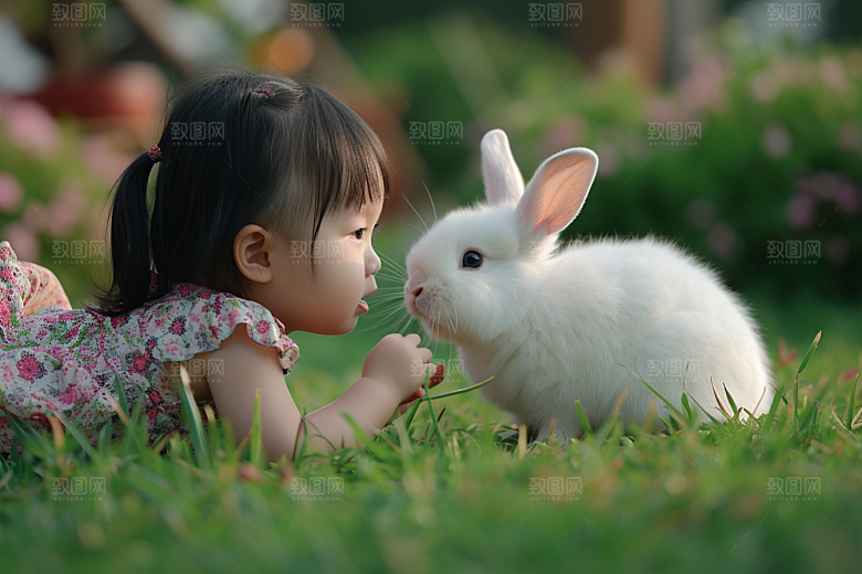 儿童和兔子生活爱心摄影图