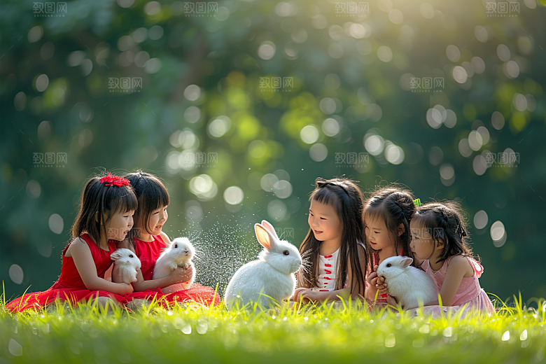 儿童和兔子爱心高清摄影图