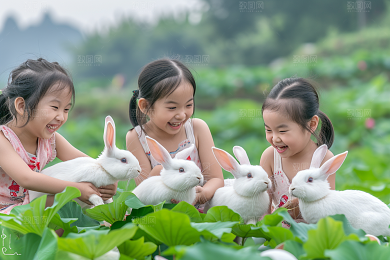 儿童和兔子可爱宠物摄影图