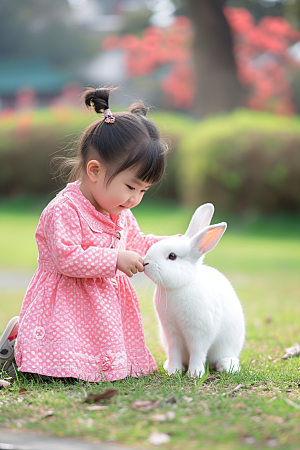 儿童和兔子生活孩子摄影图
