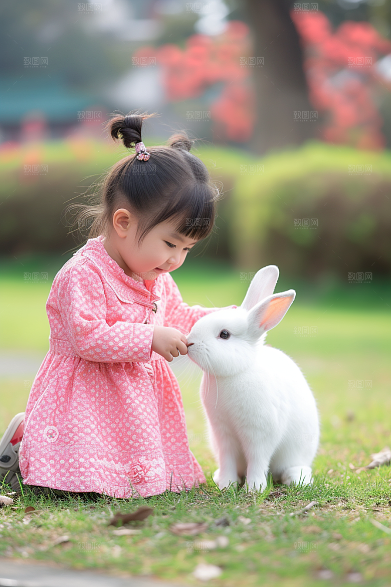 儿童和兔子生活孩子摄影图