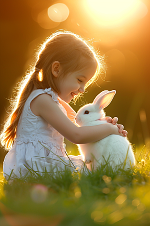 儿童和兔子清新孩子摄影图