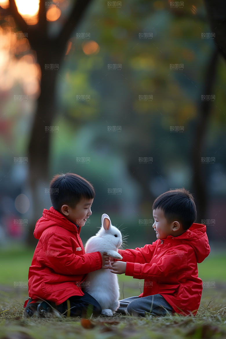 儿童和兔子爱心可爱摄影图