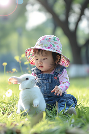 儿童和兔子爱心孩子摄影图