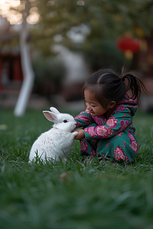儿童和兔子高清可爱摄影图