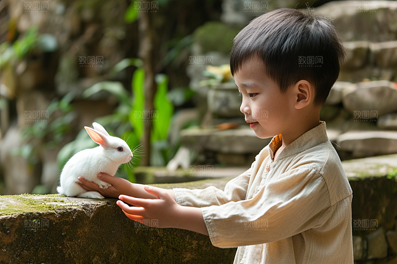 儿童和兔子孩子可爱摄影图