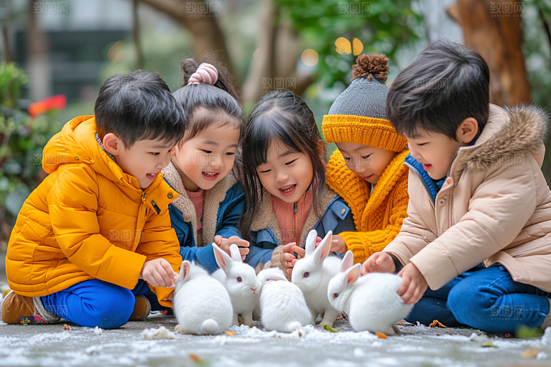 儿童和兔子爱心童趣摄影图