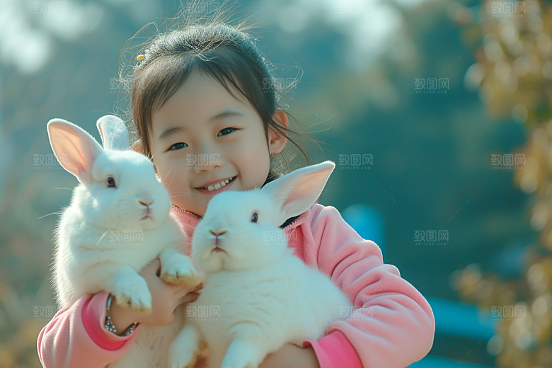 儿童和兔子可爱高清摄影图