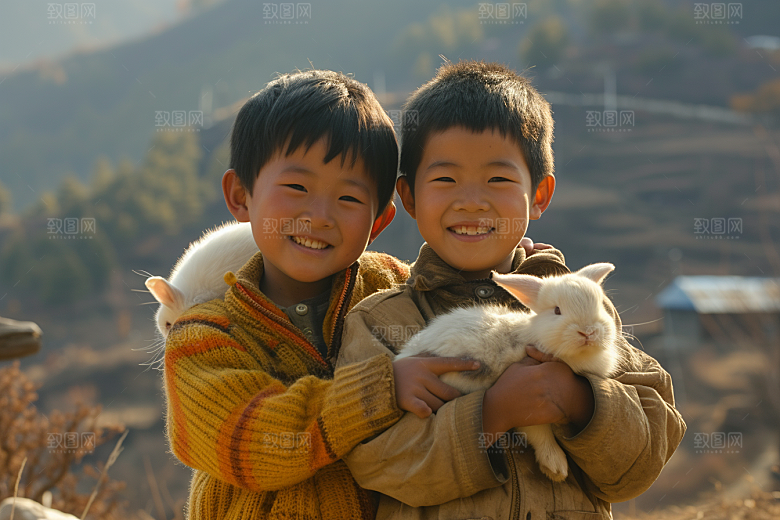 儿童和兔子生活自然摄影图
