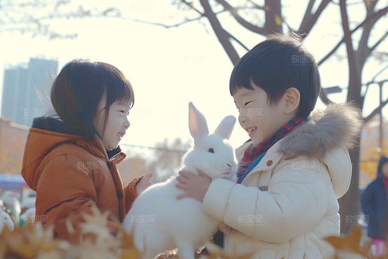 儿童和兔子可爱孩子摄影图