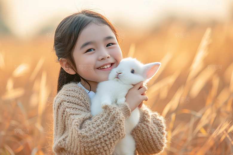 儿童和兔子高清童趣摄影图