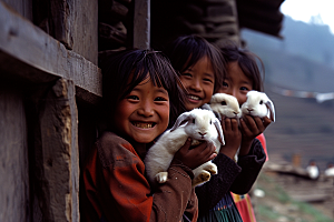 儿童和兔子童趣高清摄影图