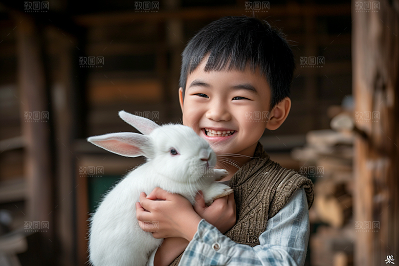 儿童和兔子清新孩子摄影图