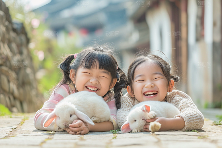 儿童和兔子自然宠物摄影图
