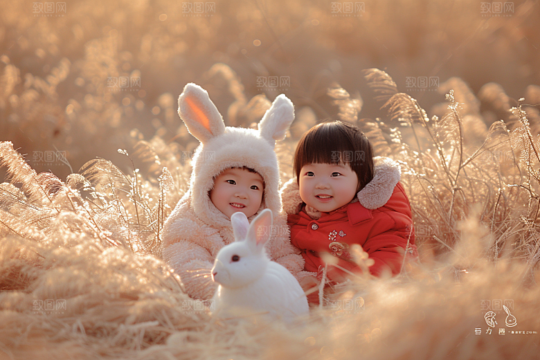 儿童和兔子爱心生活摄影图