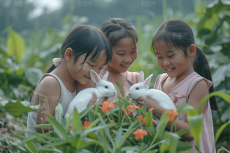 儿童和兔子童趣宠物摄影图