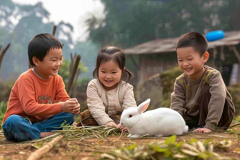 儿童和兔子高清清新摄影图