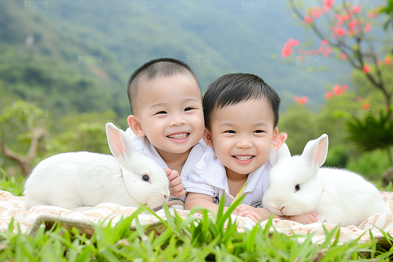 儿童和兔子童趣孩子摄影图