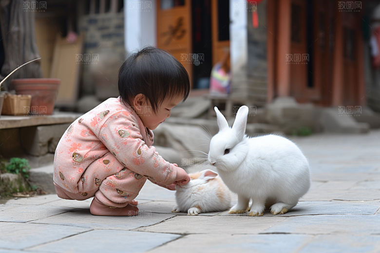 儿童和兔子宠物童趣摄影图