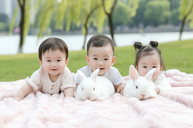 儿童和兔子自然可爱摄影图
