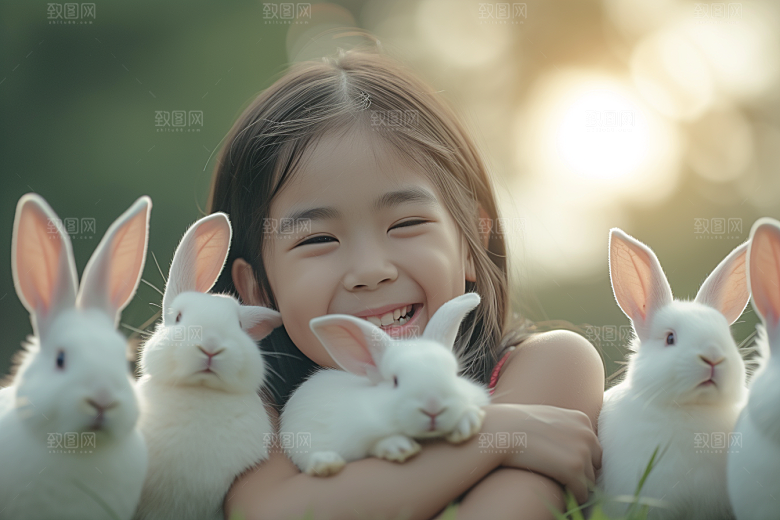 儿童和兔子爱心高清摄影图