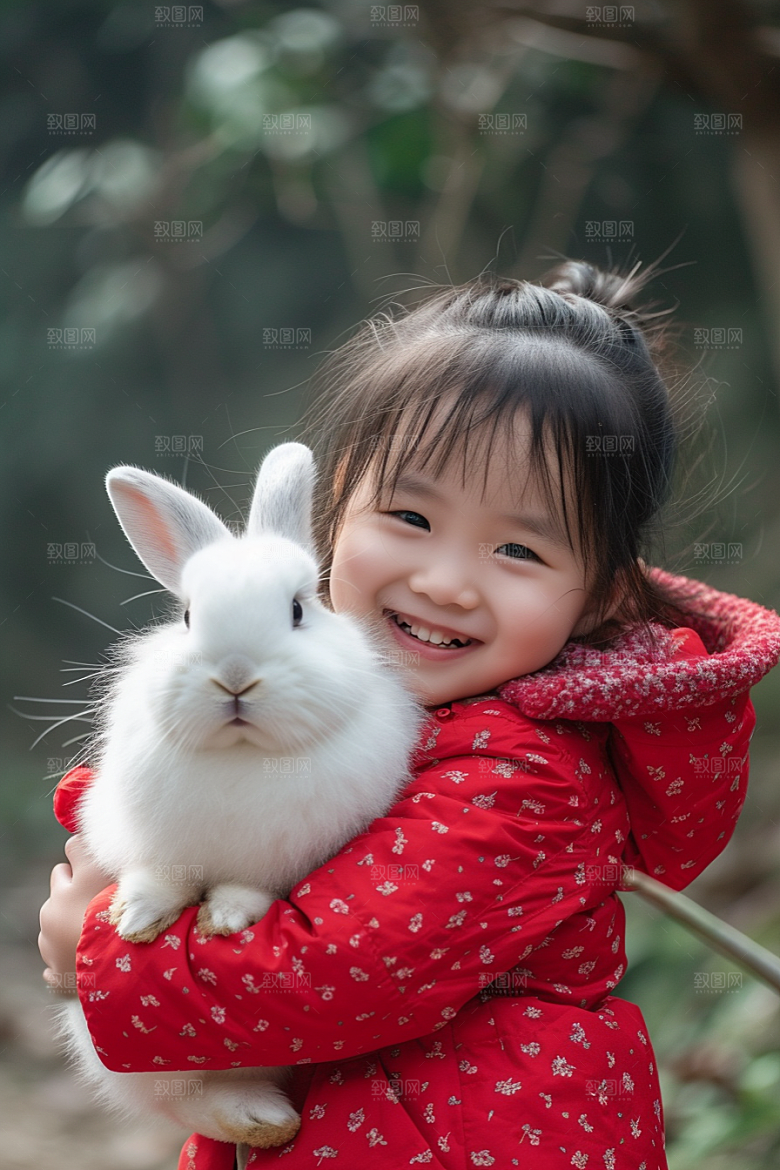 儿童和兔子童趣自然摄影图
