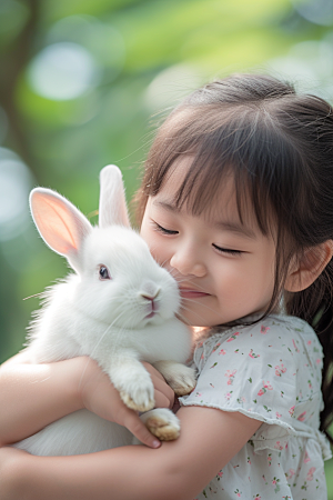 儿童和兔子爱心孩子摄影图