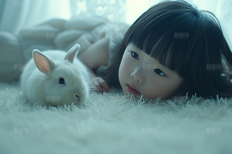 儿童和兔子宠物爱心摄影图